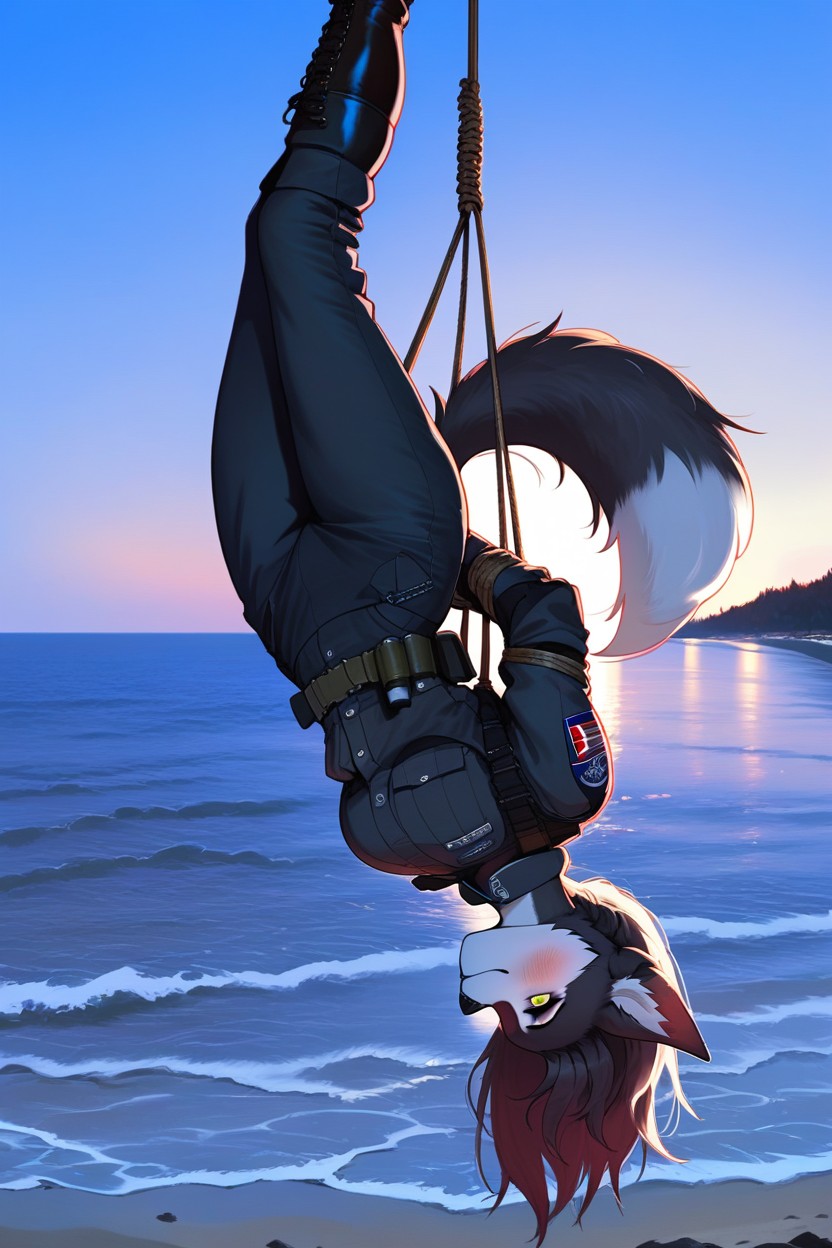 Black Tactical Vest, Fluffy Tail Hanging Downward, Rocky Beach AI獸人黃片