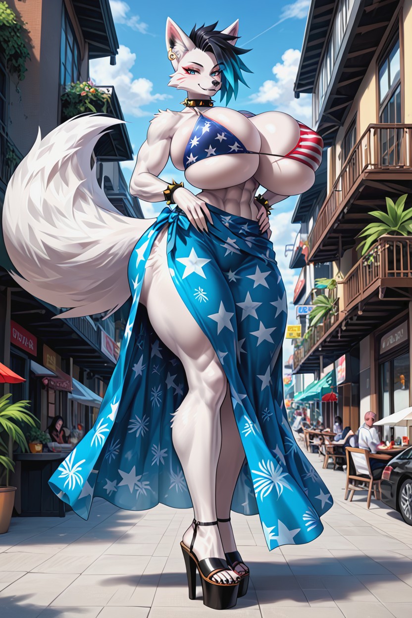 Giantess, Sexy Translucent Sarong, American Flag Bikini Furry AI Porn