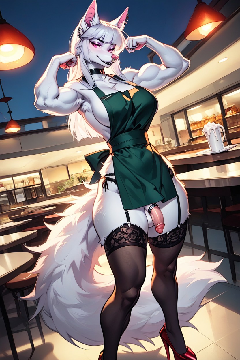 Black Garter Belt, Pink Nose Nose Piercing, White Fur AI獸人黃片
