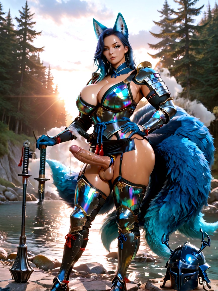 Wide Childbearing Hips, Pelvis Armor Style Fuses Feudal Japanese Samurai & Medieval European Knight Beside Her Feet Rests A Unique Great-helm/kabuto Hybrid With Holes For Her Fox Ears Head Is Exposed, Smoke-bomb Guns Furry AI Porn