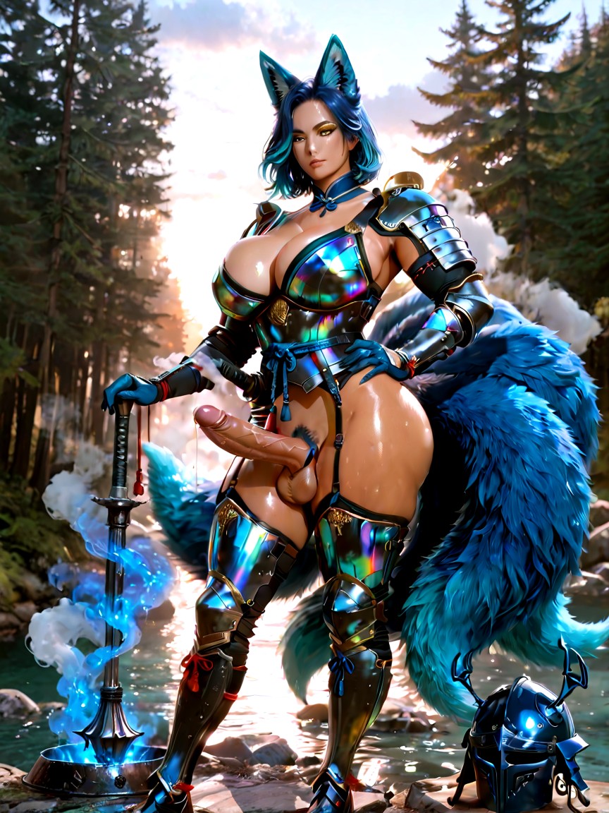Torso, Golden Tanned Skin, Japanese Futanari Kitsune Sapphire-blue & Gold Fox Tails Sapphire-blue Hair With Gold Streaks Sapphire & Gold Eyes Fluffy Blue Fox Ears Intersex/hermaphroditic Features Blending Masculine Strength & Feminine Grace Athletic Furry AI Porn