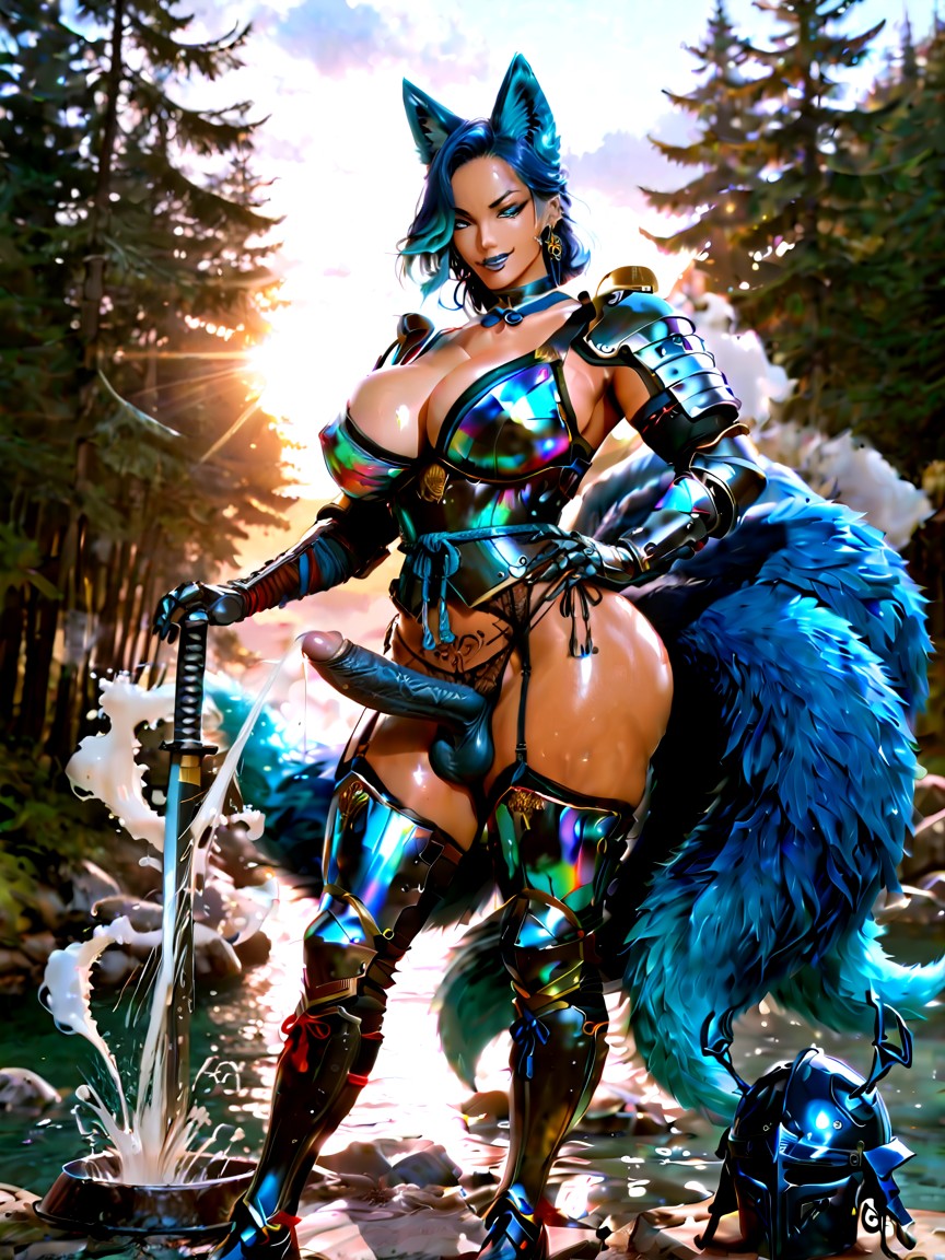 Japanese Futanari Kitsune Sapphire-blue & Gold Fox Tails Sapphire-blue Hair With Gold Streaks Sapphire & Gold Eyes Fluffy Blue Fox Ears Intersex/hermaphroditic Features Blending Masculine Strength & Feminine Grace Athletic, Humanoid Face, Covering Head AI獸人黃片