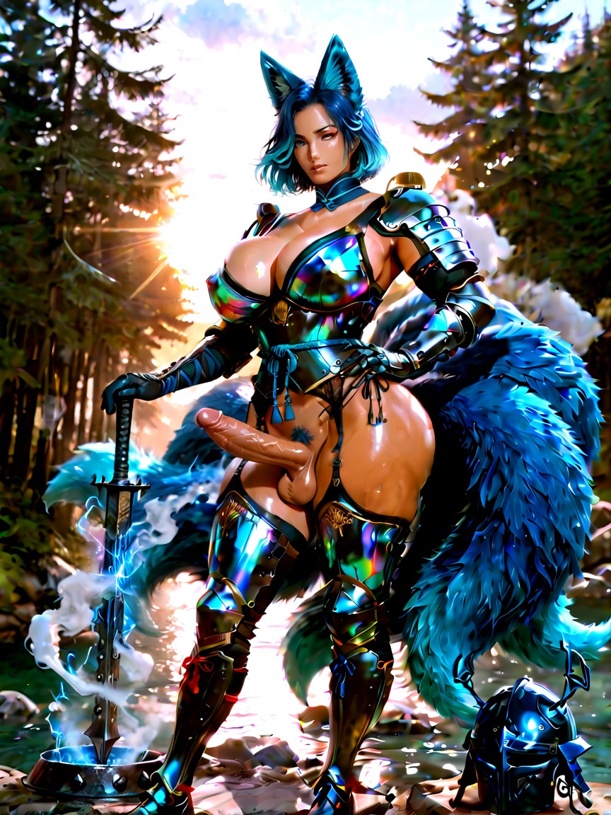 Pelvis Armor Style Fuses Feudal Japanese Samurai & Medieval European Knight Beside Her Feet Rests A Unique Great-helm/kabuto Hybrid With Holes For Her Fox Ears Head Is Exposed, And A Mace-head Tails, Larger Than Head AI兽人黄片