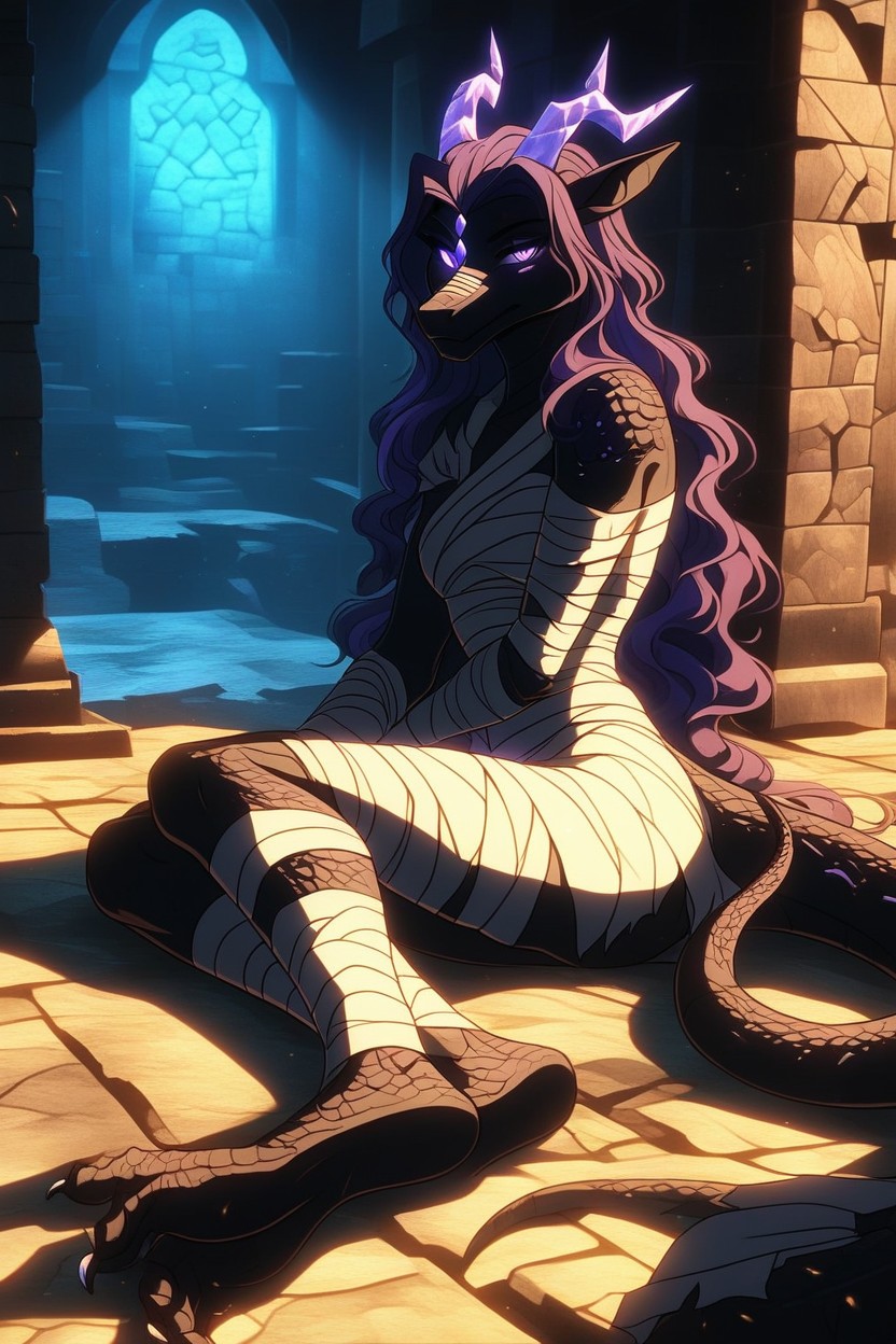 Purple Eyes, Wrapped Arms, Ancient Mummy-inspired Clothing Porno IA Furry