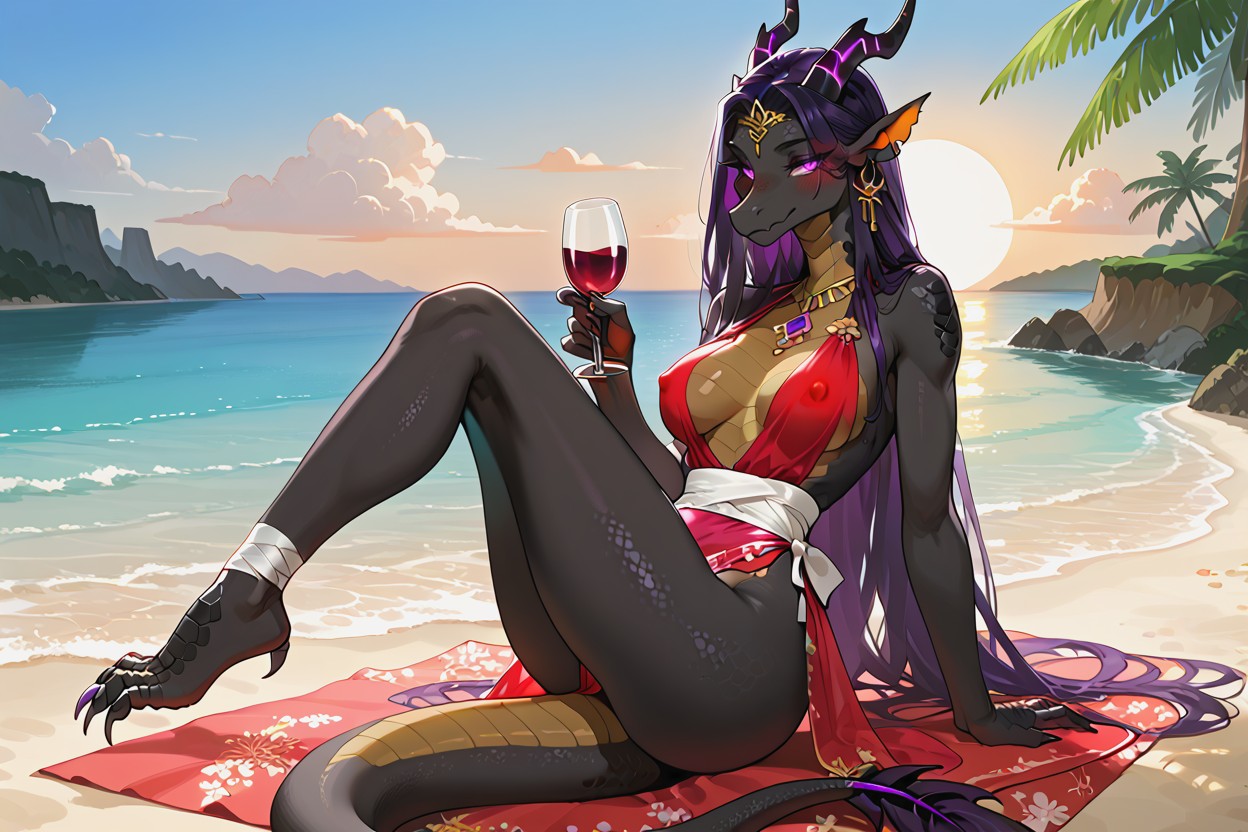 Black Skin, Holding Wineglass In Toast Towards Viewer, Side Slit Furry AI Porn