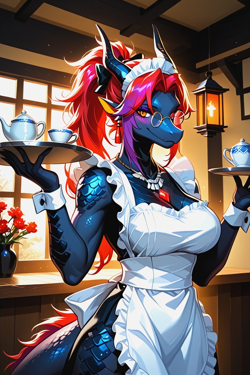 Holding A Silver Serving Tray With A Teapot And Teacup, Close Up, Friendly Expression Furry AI Porn
