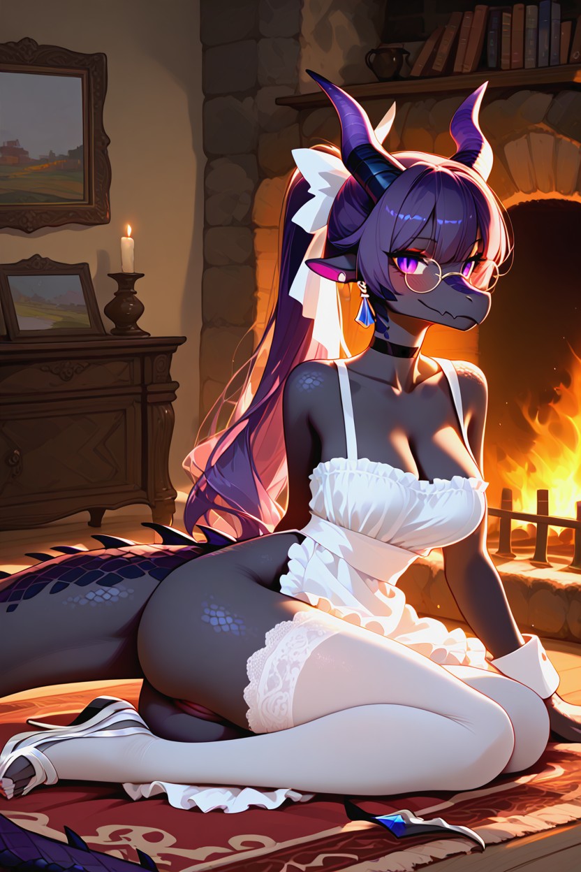 One Arm Supporting Her Head, Black Choker, Silver Earrings Furry AI Porn