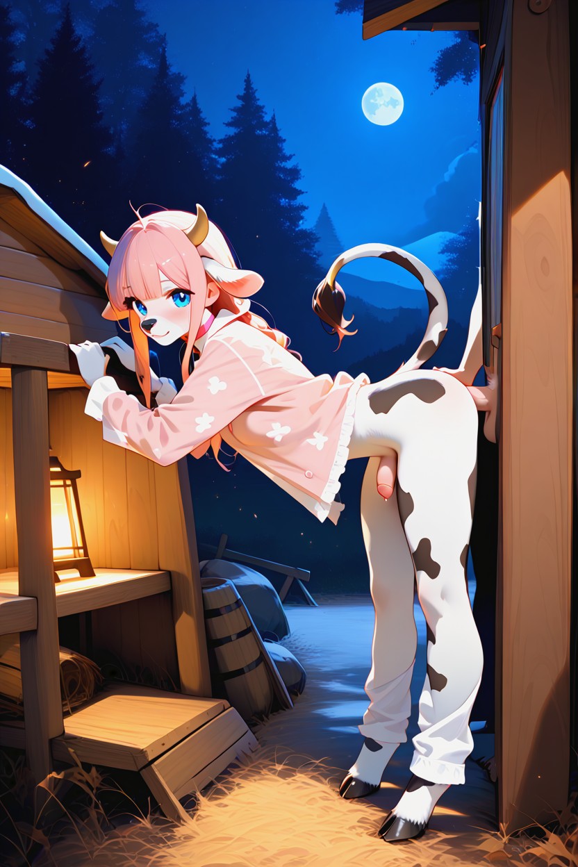 Blue Eyes, Against Wood Cabin, Pink Hair ファーリーAIポルノ