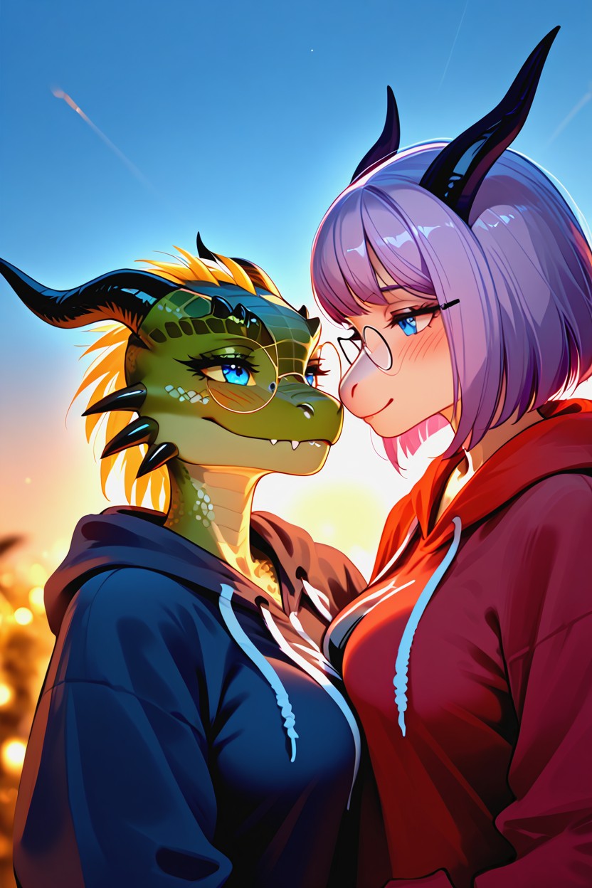 Asymmetrical Purple Hair, Round-frame Glasses, Eye-level Camera Porno IA Furry