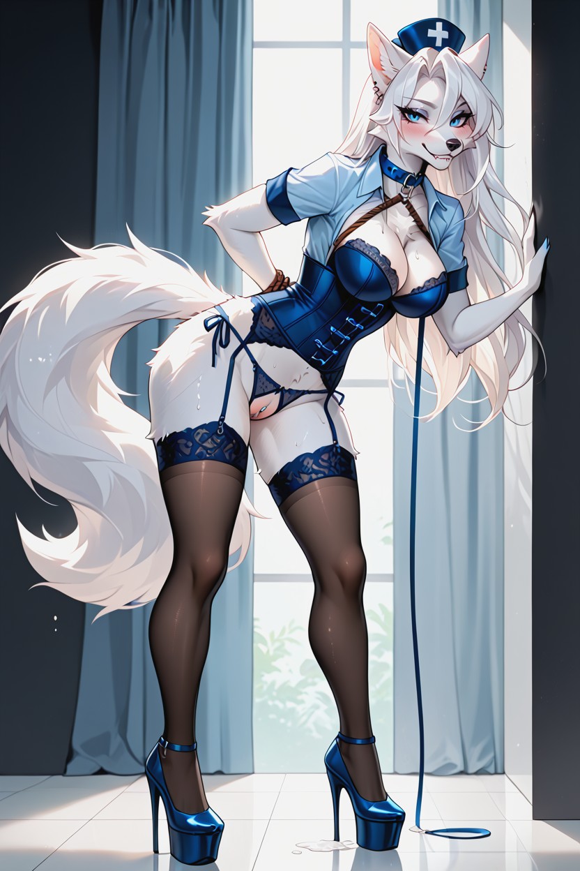 Arctic Fox, Biting Lip, 18+ Furry AI Porn