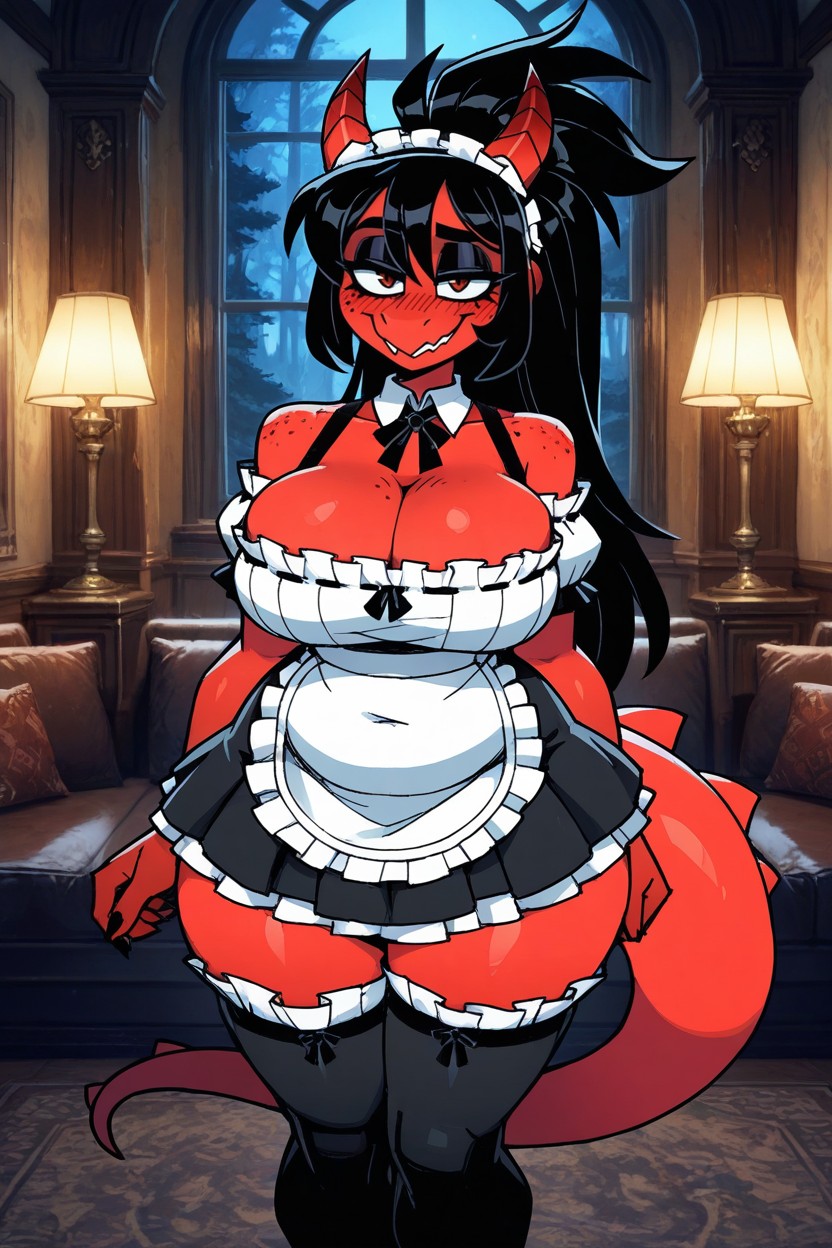 Black Cloth And White Frilly Maid Outfit, White Apron, Black Pupil ファーリーAIポルノ