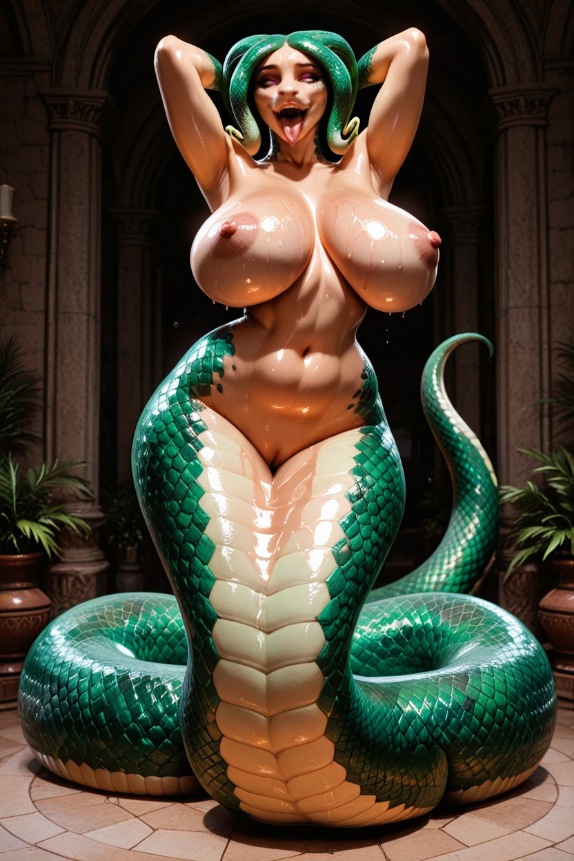 Green Scaled Lamia, Shiny Scales, Beautiful Breasts Furry IA