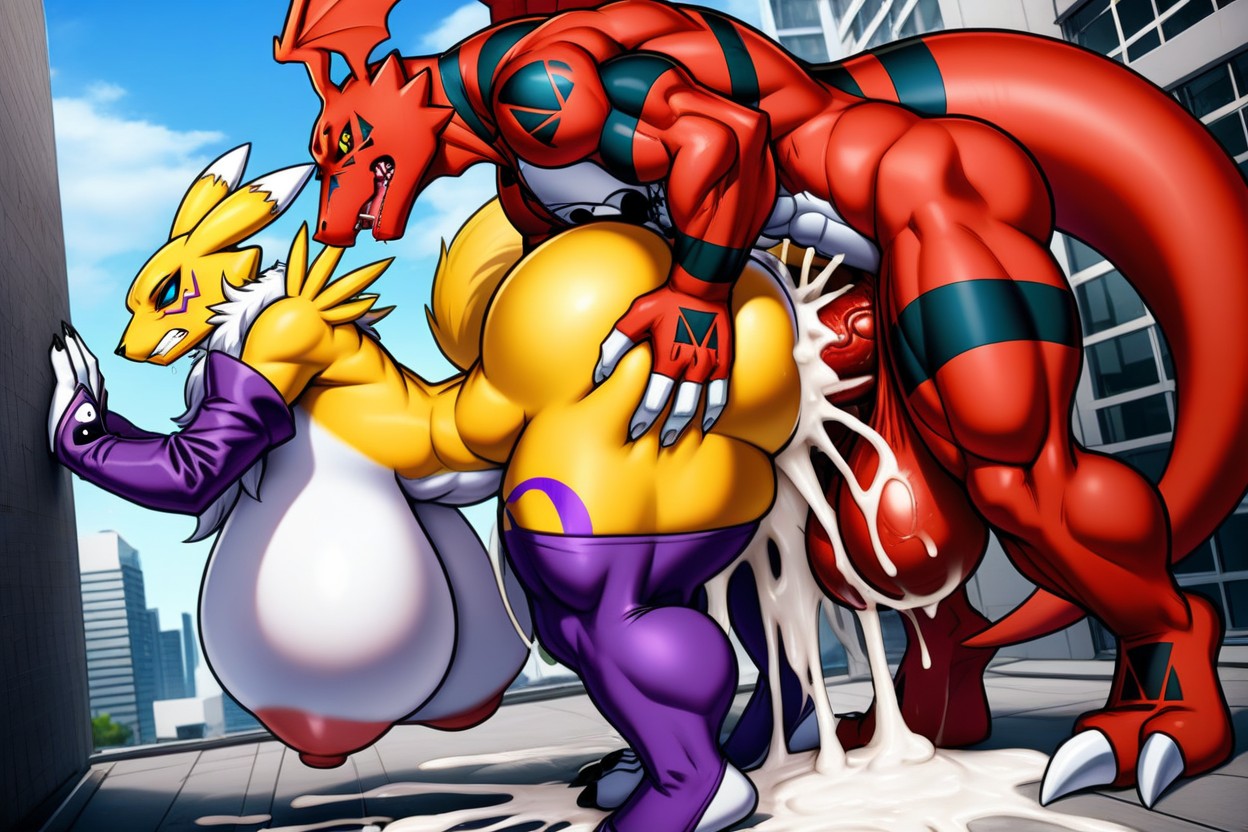 City Background, Female Yellow Muscular Renamon, 가슴 확장 퍼리 AI 포르노