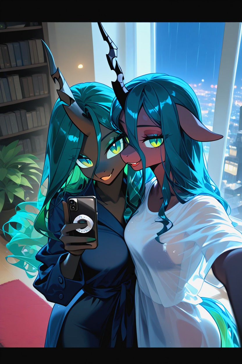 Both Smiling Warmly, Aqua Eyes, One Foreleg Around The Other's Shoulders Furry AI Porn