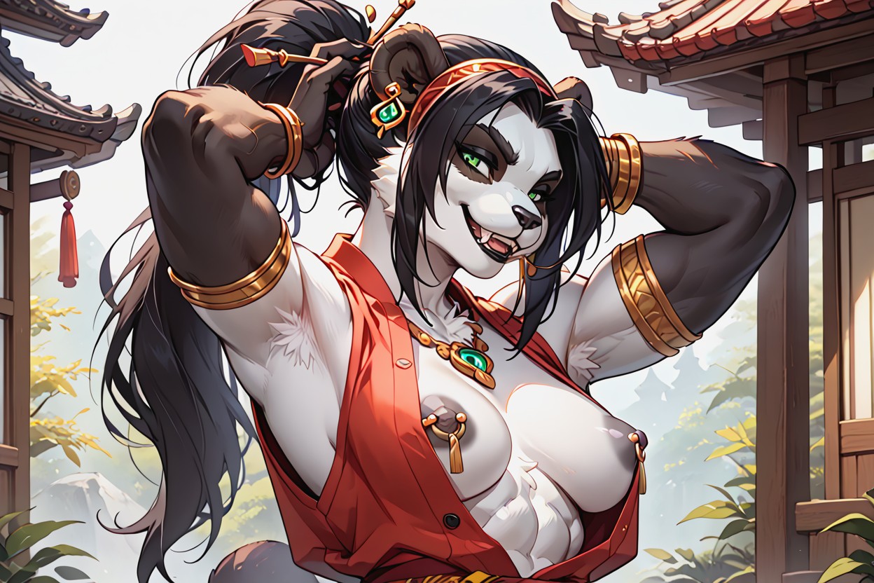 Clothes Open On The Front Revealing Breasts, Nipple Piercing, Large Hands Furry AI Porn