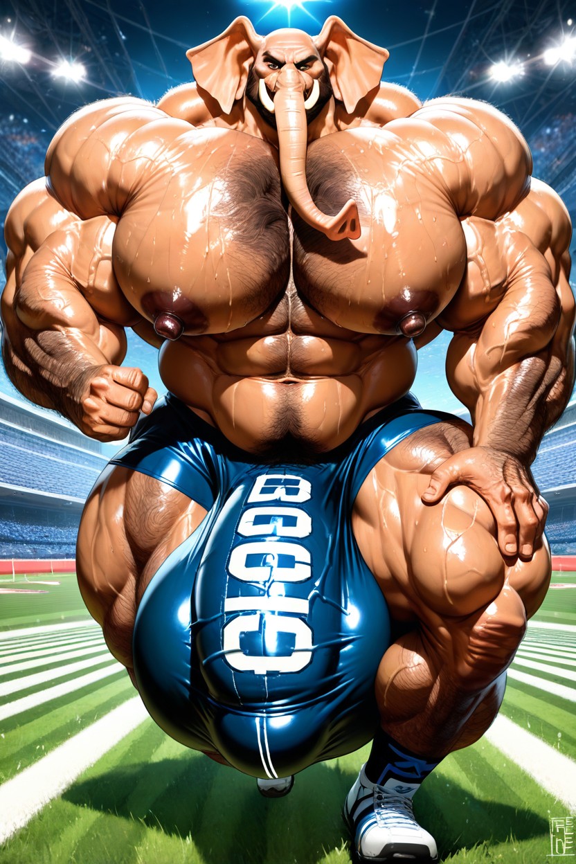 Hyper Thick Macro Bulge, Gigantic Biceps, Wearing American Football Gear Furry AI Porn