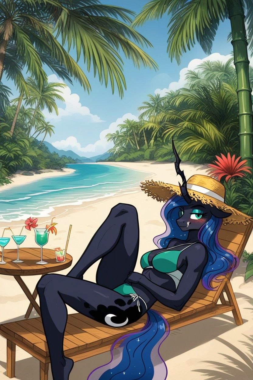 Poitrine Moyenne, Tropical Beach, Relaxed Body Porno IA Furry