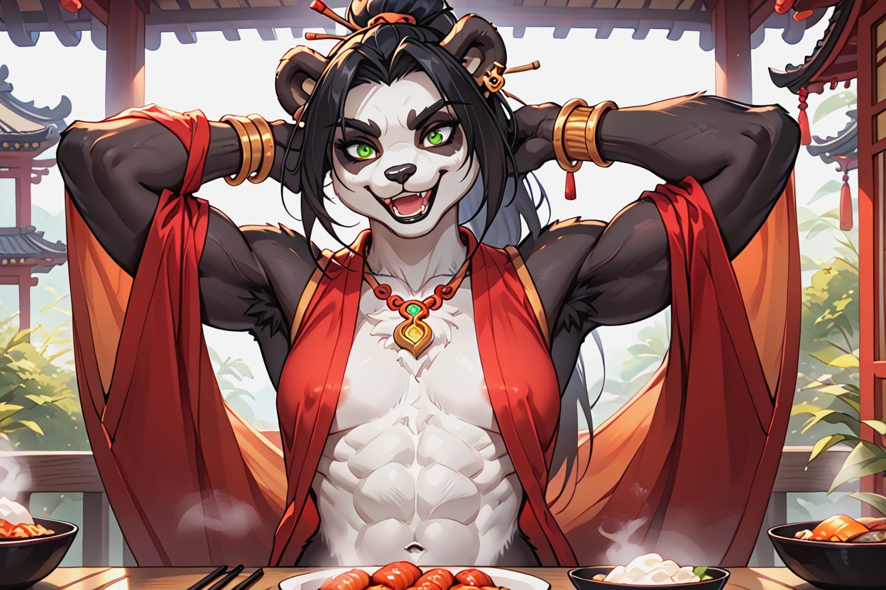 Thick, Both Arms Up Behind Head, Bowl Of Stir Fry Food On Table In Front Of The Character Porno IA Furry