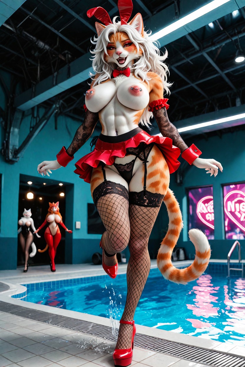 Red Platform Heels With Anlke Straps, Smiles With Open Mouth, Full Body Furry AI Porn