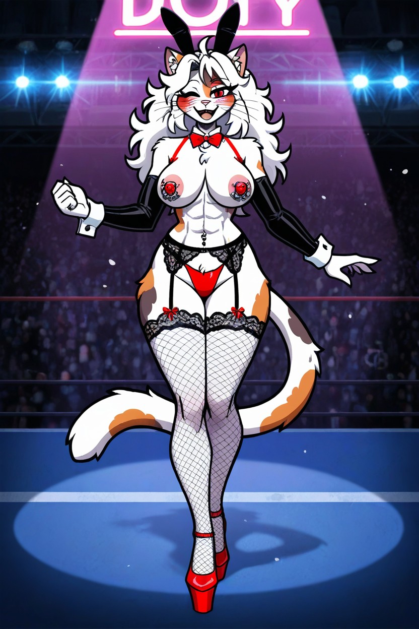 Sexy Lace Garter Belt, Red Bow Tie, Detailed Face Furry AI Porn