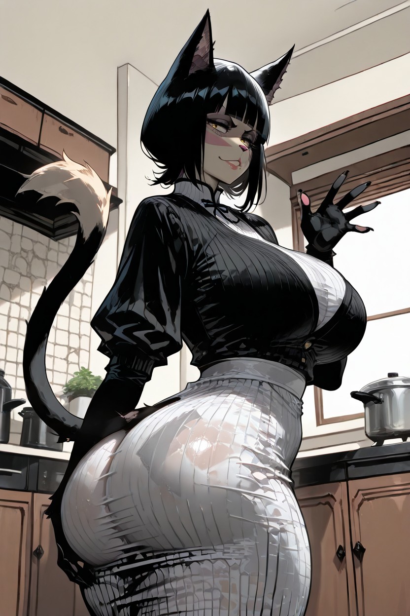 ネコ, Natural Huge Breasts, Front View ファーリーAIポルノ