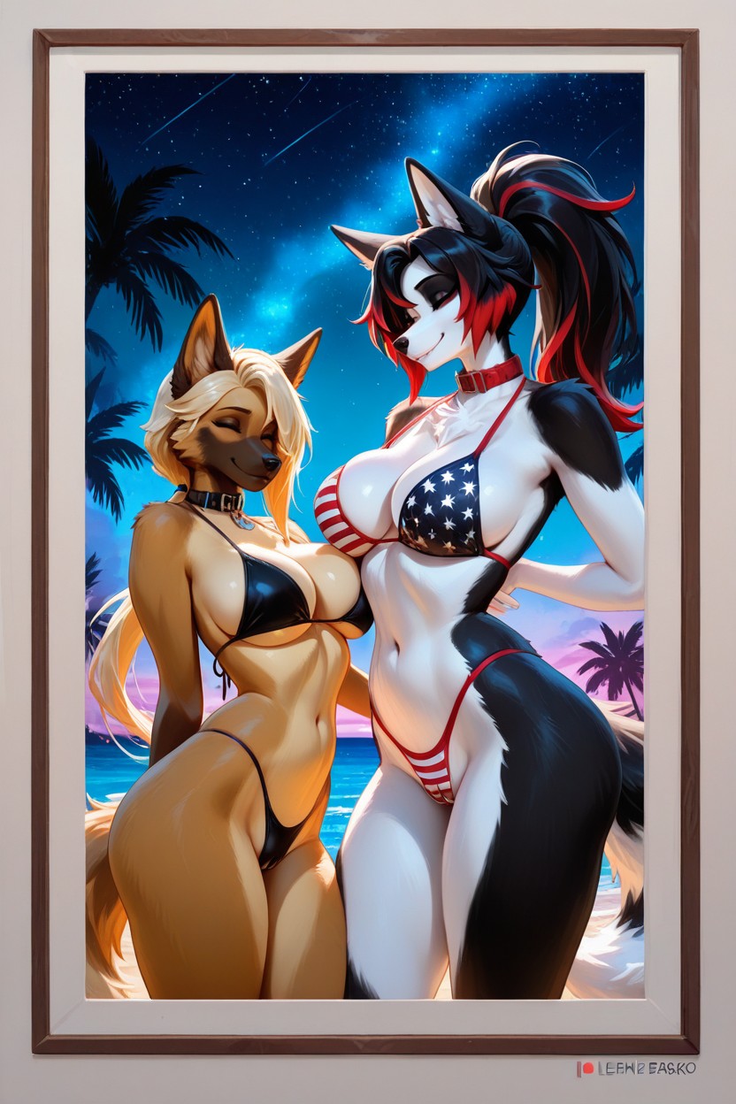 Black Hair With Red Highlights, Black Fur With White Accents, German Shepherd And Border Collie Furry AI Porn