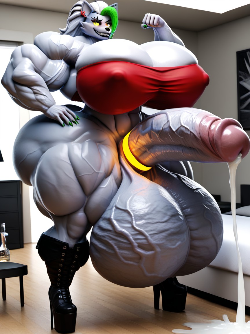 Hyper Gigantic Veiny Penis, Gigantic Muscles Hyper Massive Muscles, Her Hands Stroking Her Cock Furry AI Porn