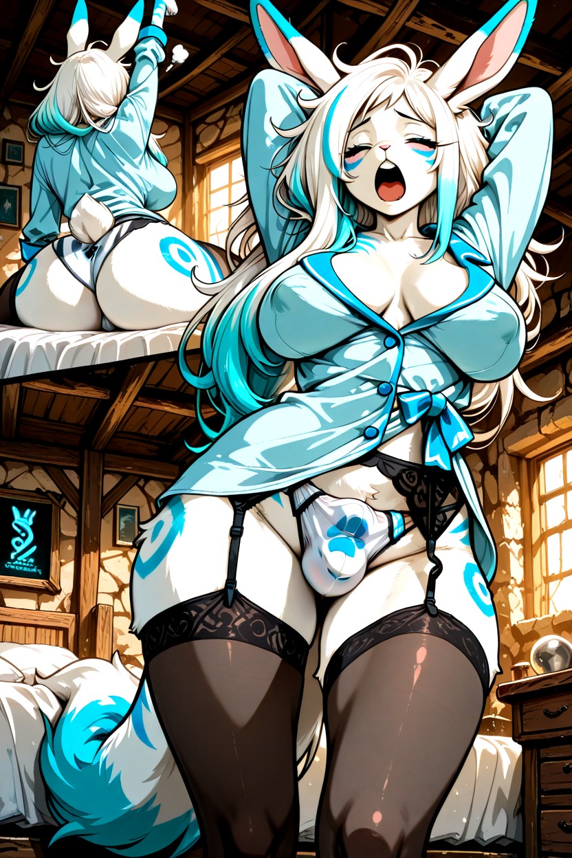 Green Eyes, Black Garter Belt, Detailed Furry AI Porn