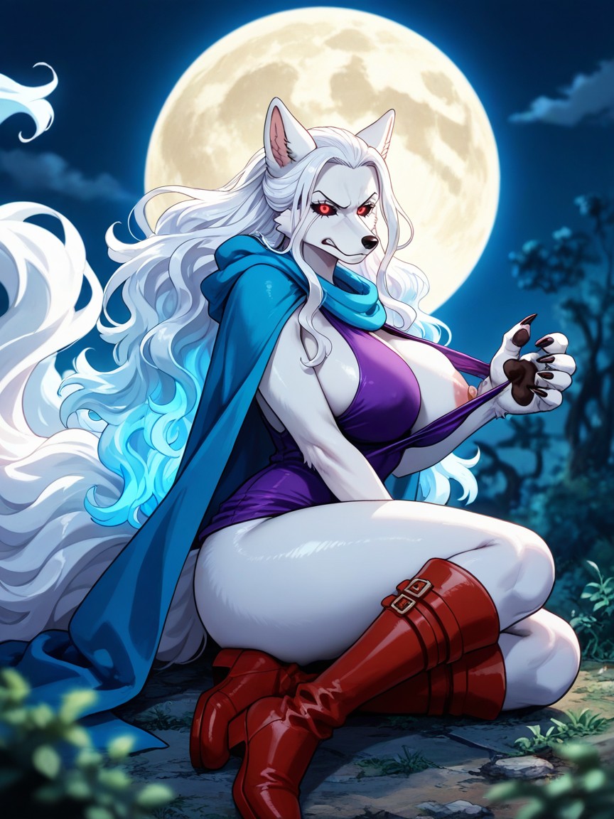 Red Boots, Overgrown Vegetation, Blue Cape Draped Loosely Furry AI Porn