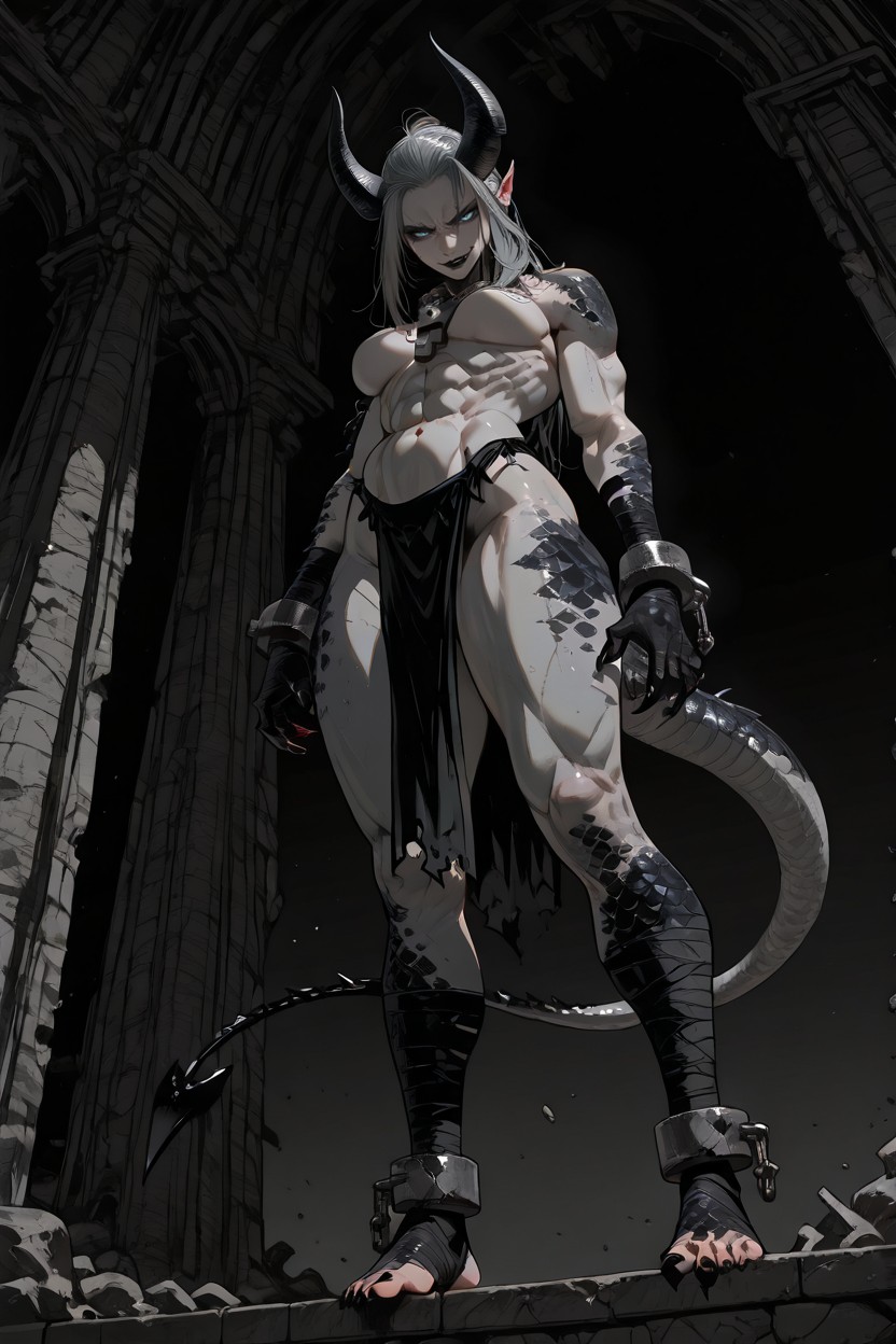 Black Tattered Loincloth Sliding Down Onto Pelvis, Full Body, Muscular Furry AI Porn
