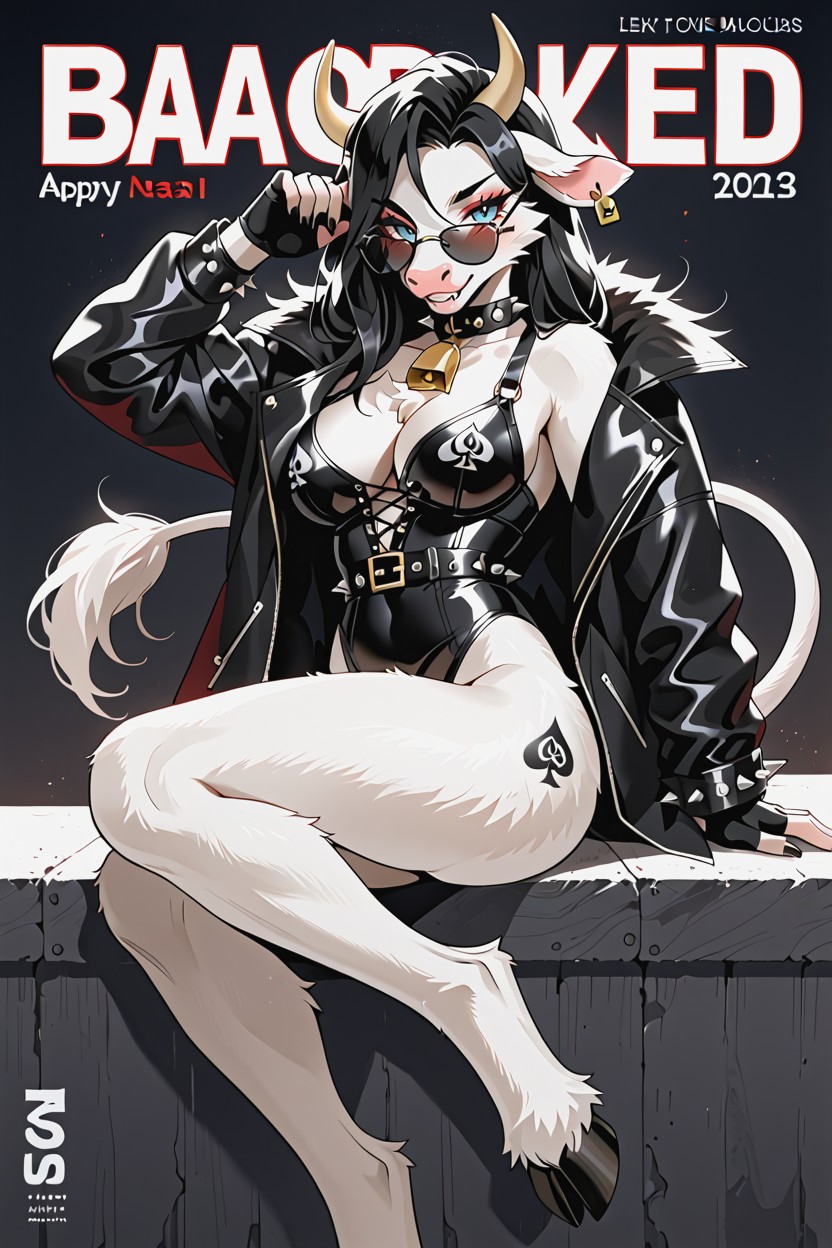 White Fur With Black Holstein Spots, Blacked, Fishnet Sleeves Furry AI Porn