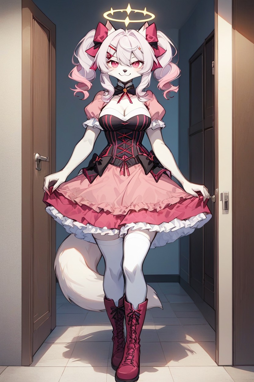 White Fox-ear Costume Pieces, Detachable Tail Harness And Golden Halo Prop The Cosplayer Frames Madoka’s Silhouette With Gloved Hands In A Staged Lift, Whoosh Furry AI Porn