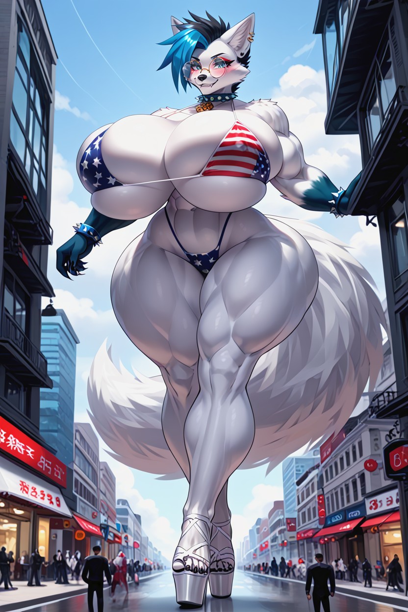 Extreme Waist, White Latex Bike With Blue Trim, Front View Furry AI Porn