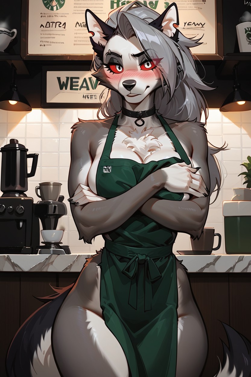 Exposed Breasts, Grey Fur, Dark Black Nipples Furry AI Porn