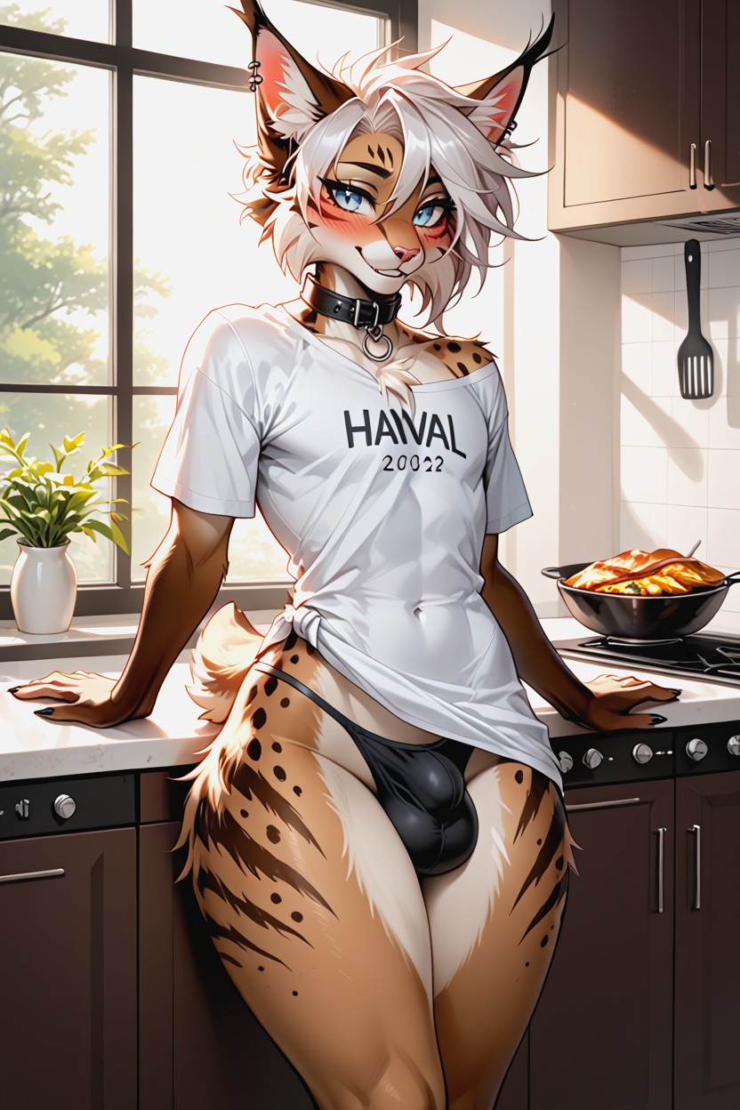 Shy Smiling, Kitchen, Feminine Feline Furry AI Porn