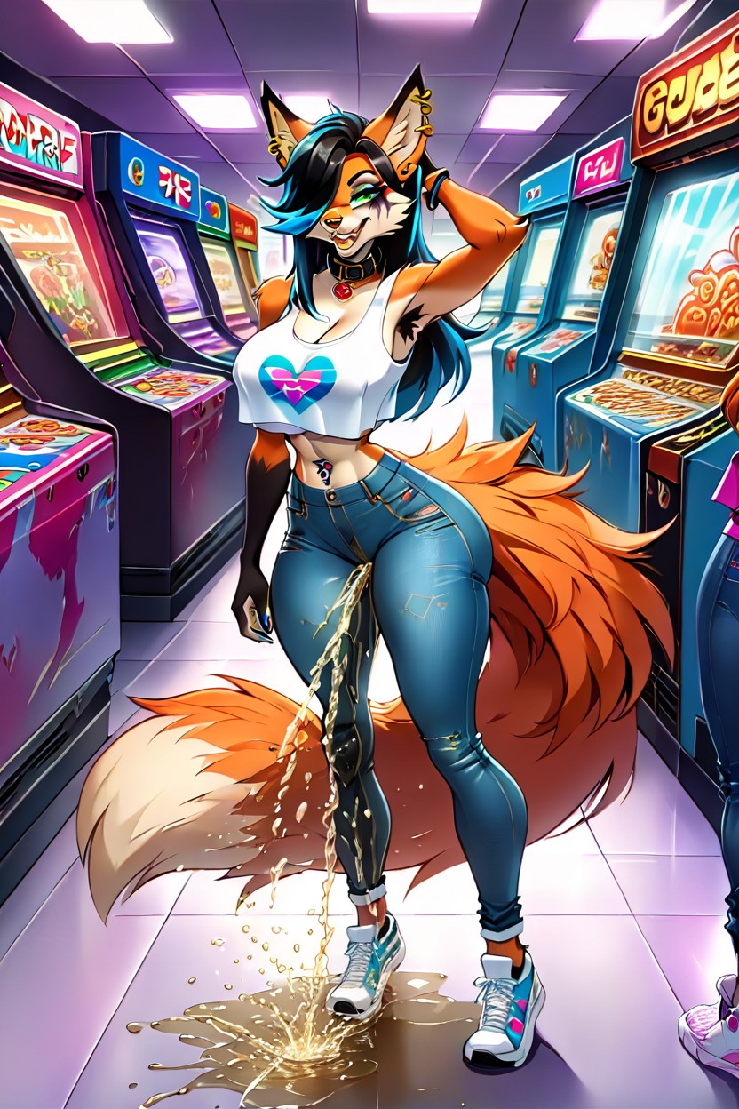 Wearing Black Cropped Sleeveless T-shirt, Black Fur On Forearms, Smeared Makeup Furry AI Porn