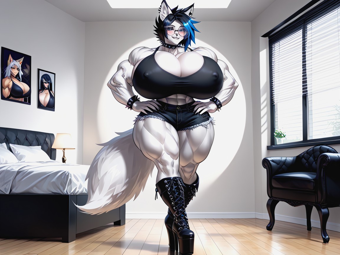 Ear Piercings, Bimbo Body, Gold Spiked Black Wristbands Furry AI Porn