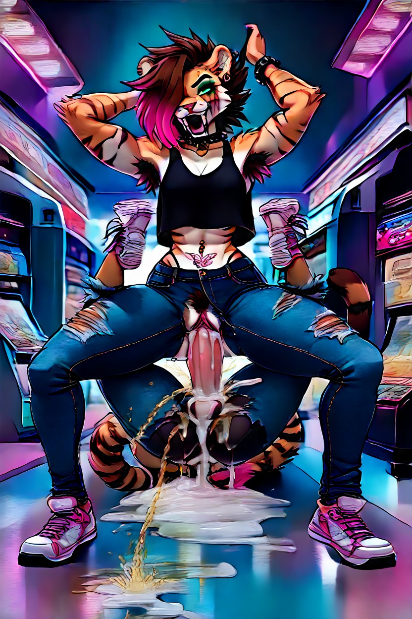 Pee Stained Jeans, Riding Penis, Long Gold Fangs Furry AI Porn