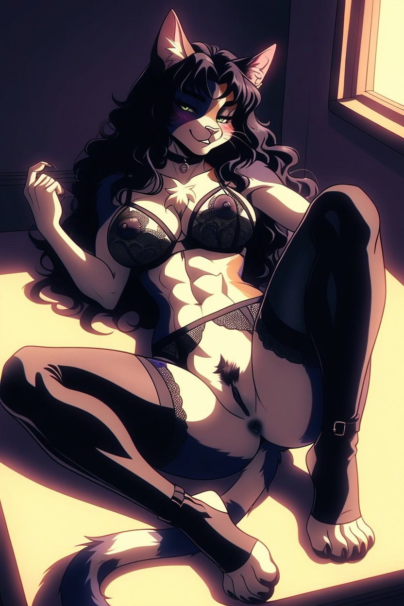 Chest Tuft, Laying Back On A Comfy Bed Spreading Her Legs, Looking Back At Viewer Furry AI Porn