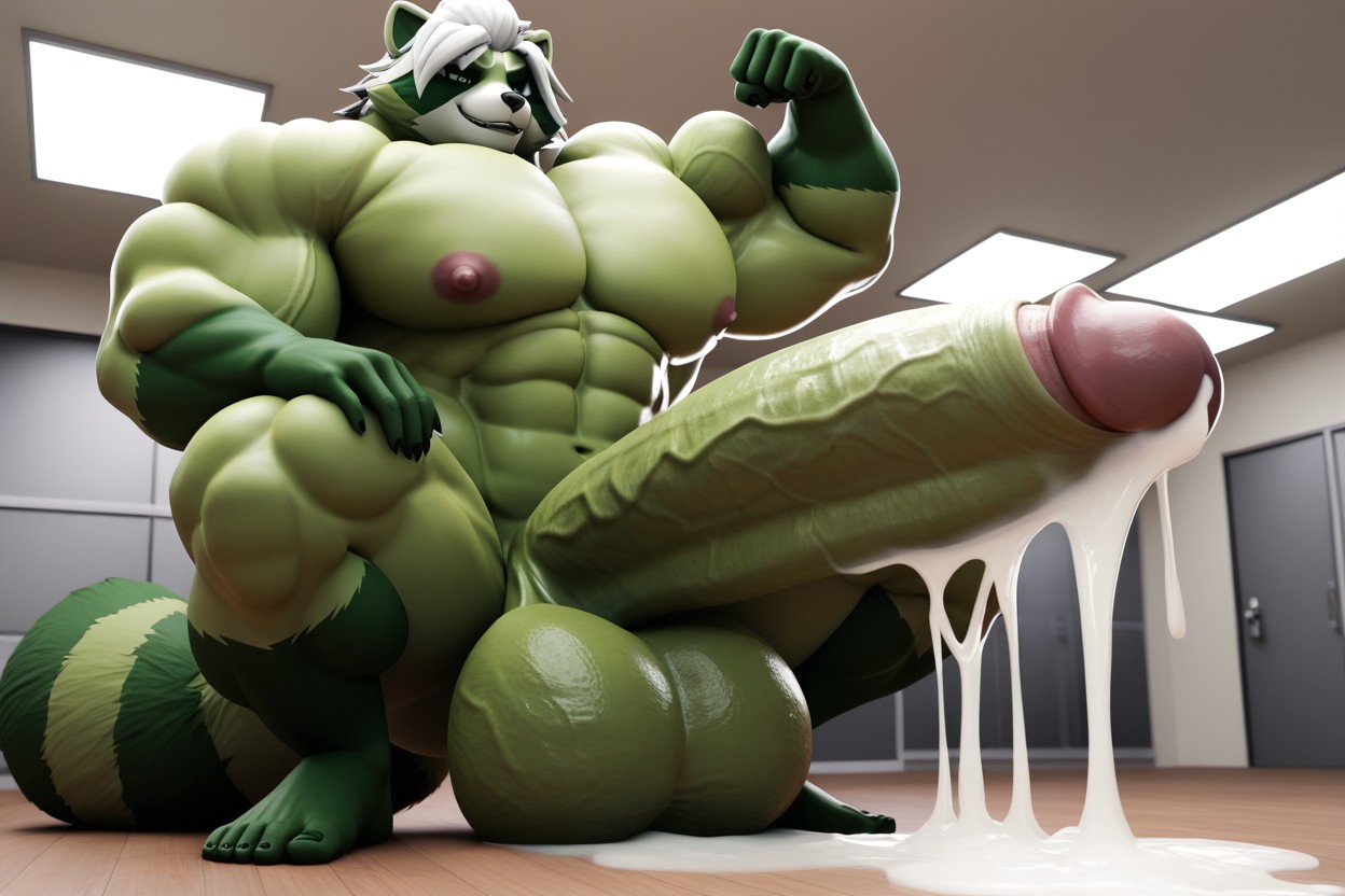 Big Green Raccoon, Extremely Sweaty, Side View Furry AI Porn