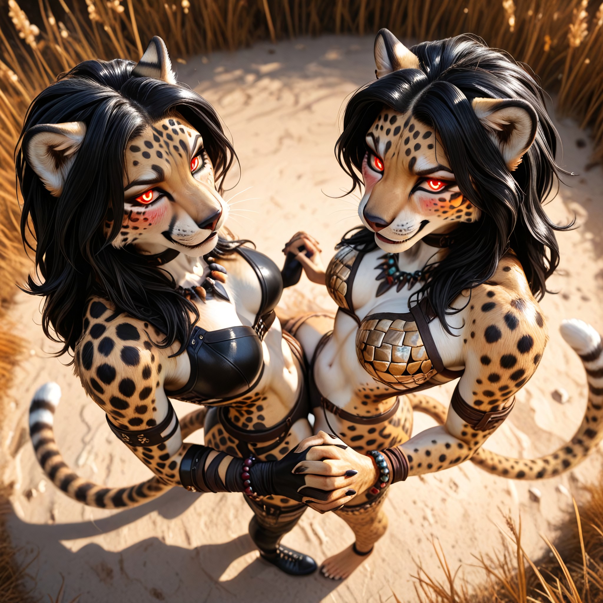 Sleek Golden Fur Covered In Crisp Black Spots Along The Shoulders And Arms, Scissoring, Mischievous (smiling While Blushing) Furry AI Porn