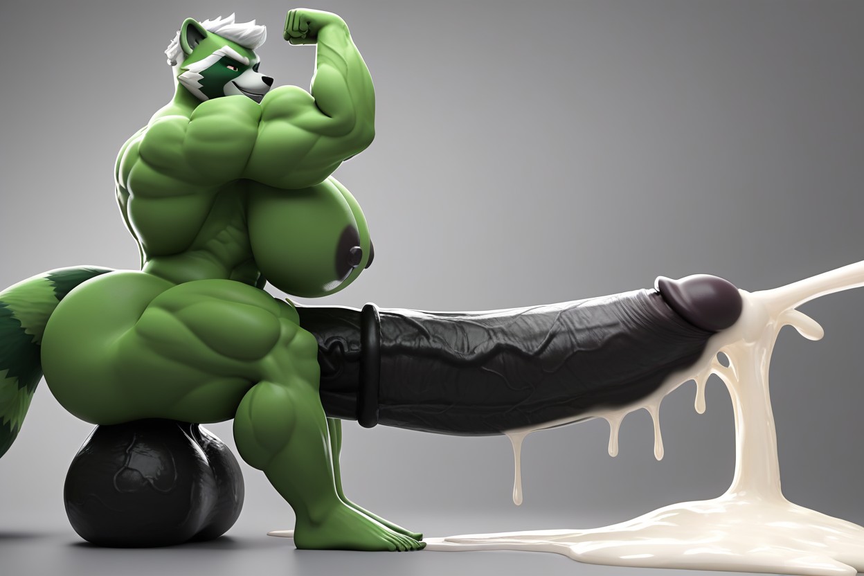 Colossal Cock, Big Green Raccoon, Flexing Furry AI Porn
