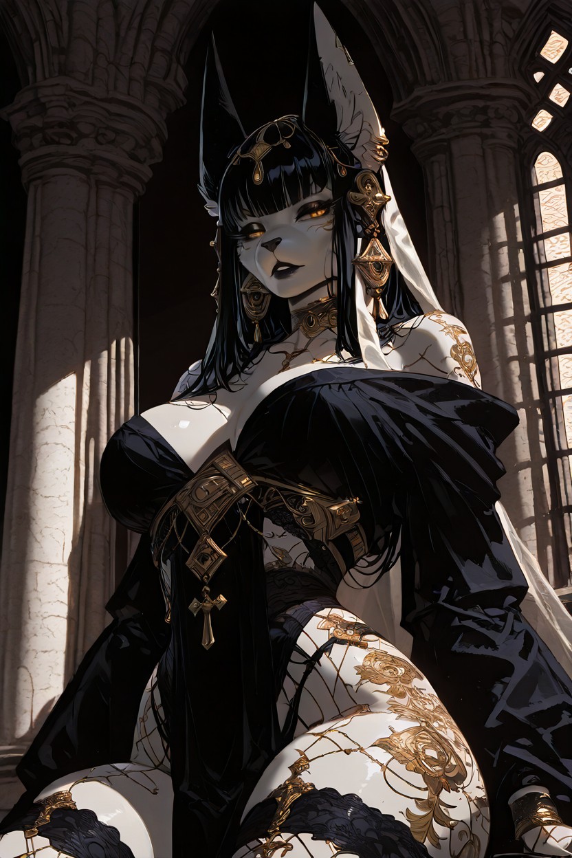 Of Otherworldly Beauty He Has A Feminine, Pointed Anubis Ears Adorned With Exquisite Gold Jewelry And Delicate Chains His Face Is Strikingly Beautiful High Cheekbones, Like Porcelain Furry AI Porn