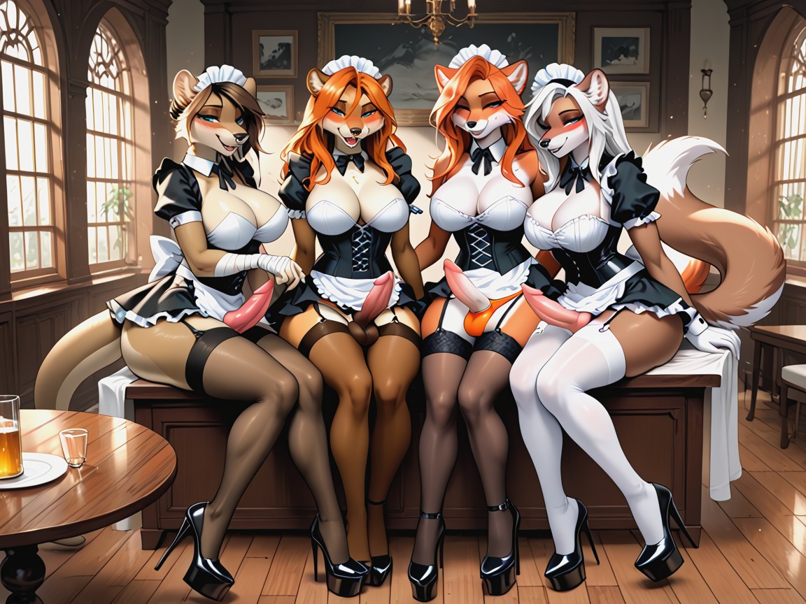 Group Cuddling, Tight Waist, Green Eyesm Pink Nose Furry AI Porn
