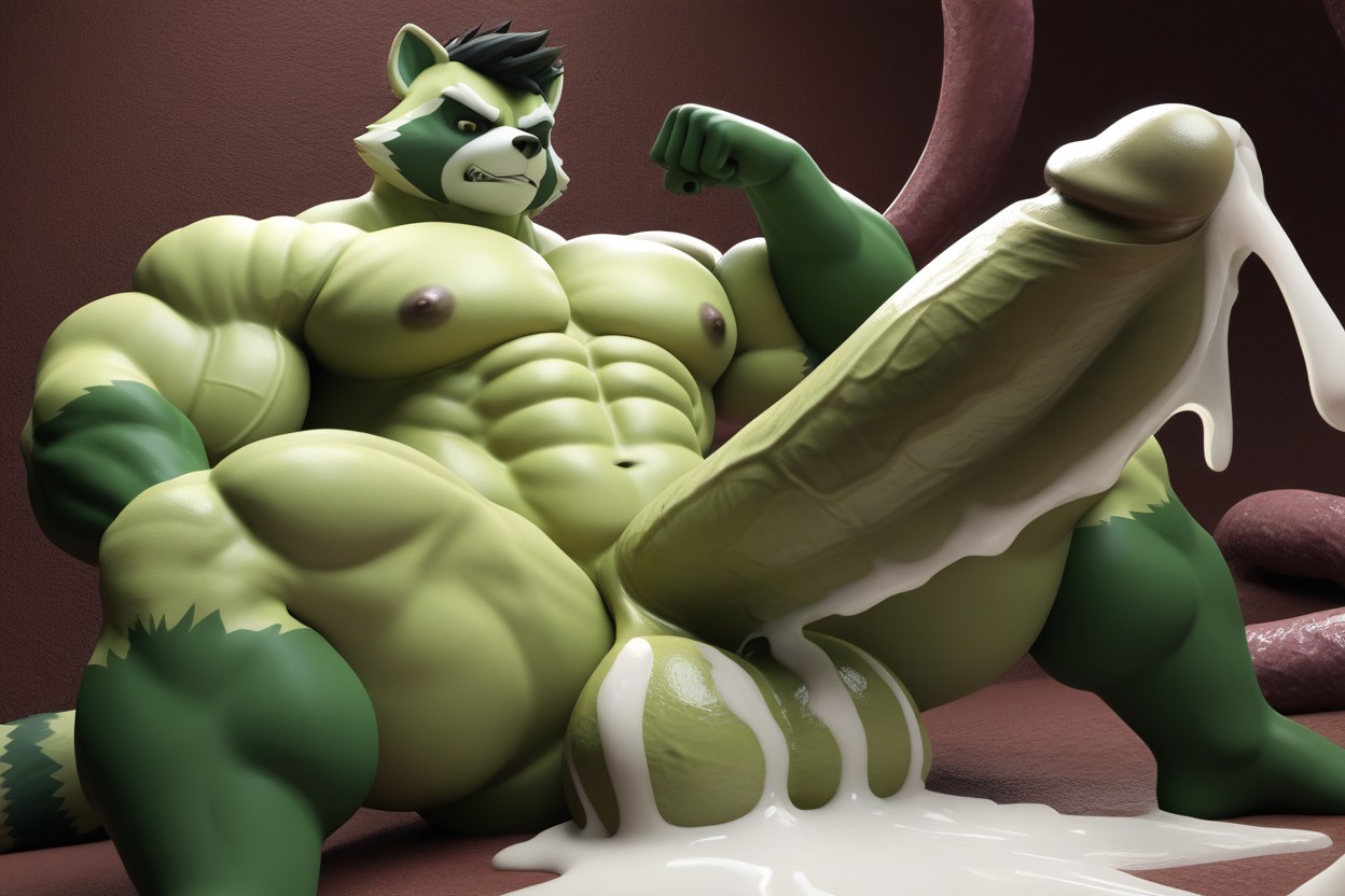 Green-white Raccoon, Floor Flooded With Cum, Veiny Penis 퍼리 AI 포르노