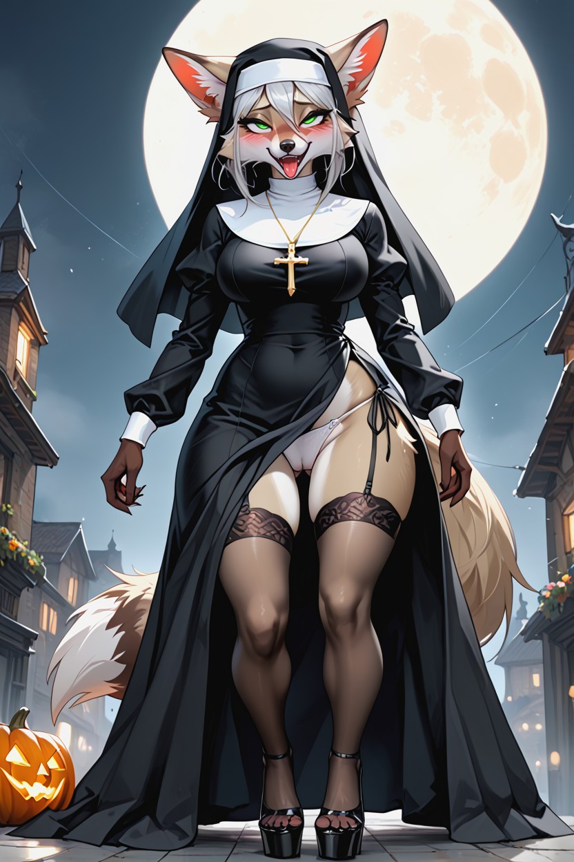Black Nylon Stockings With Frillts, Nun Outfit, 버스트 샷 퍼리 AI 포르노