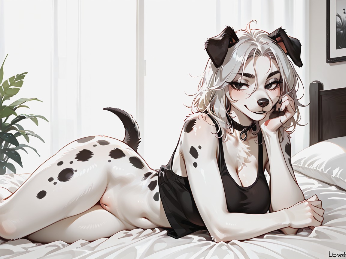 Dalmatian Dog, Dense Spots Spanning Across Her Face, Full Body Furry IA