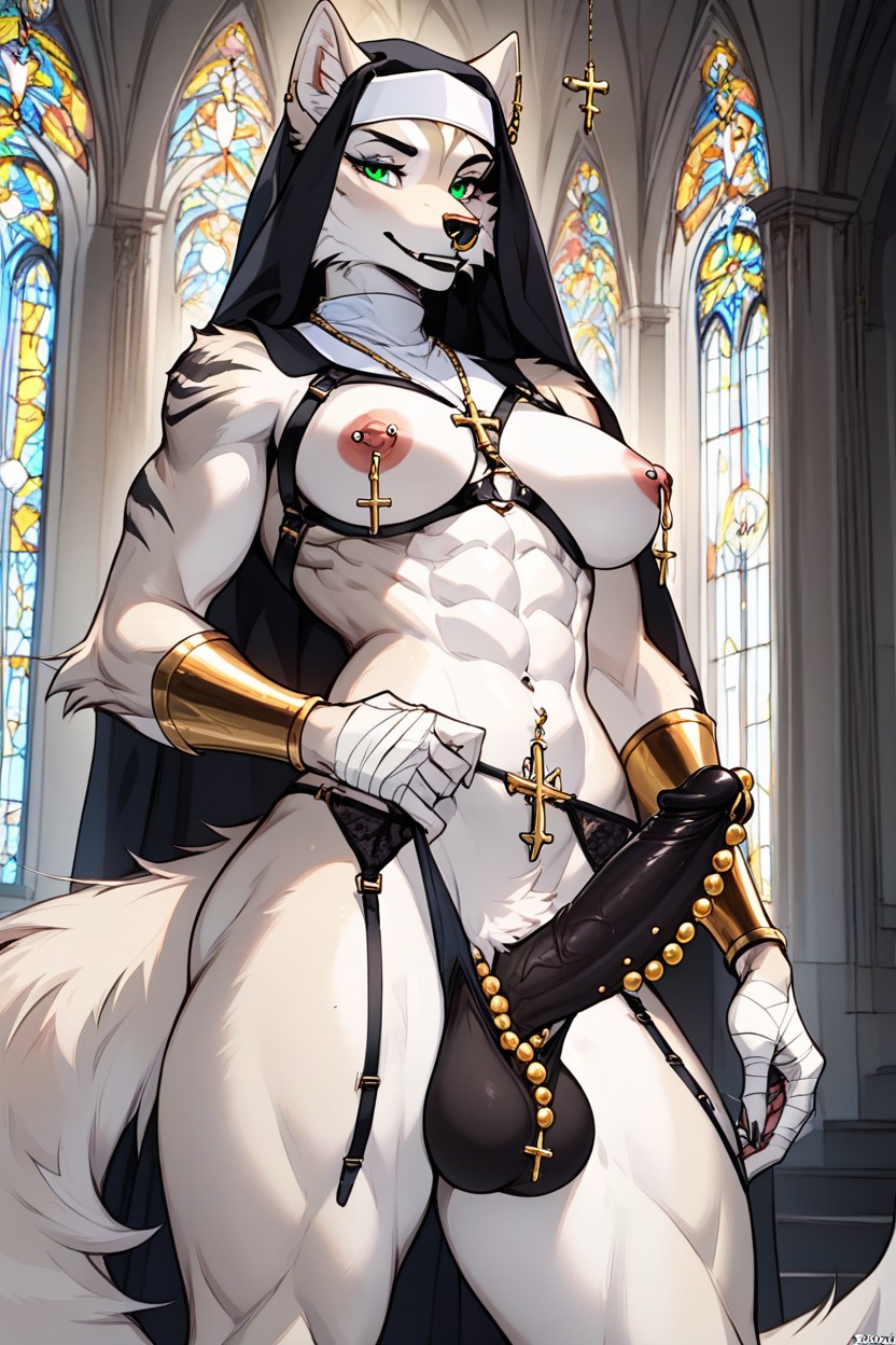 Golden Bracers On Hands, Tribal Tattoo On Stomach, Lower Lip Piercing Furry AI Porn