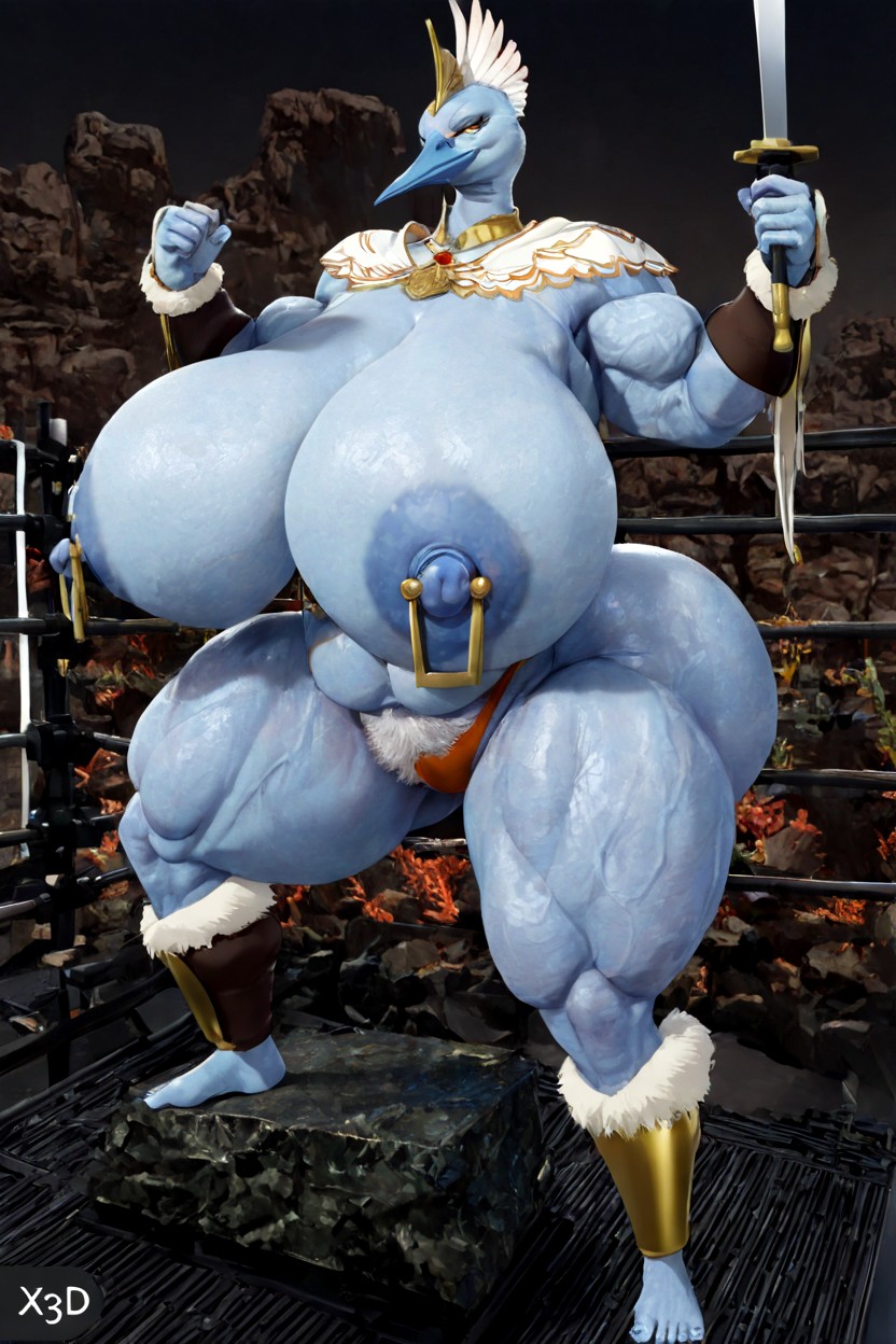Hyper Thighs, Whooping‑crane Avian‑folk Female Furry Character, Pointy Cone Shaped Breast Furry AI Porn
