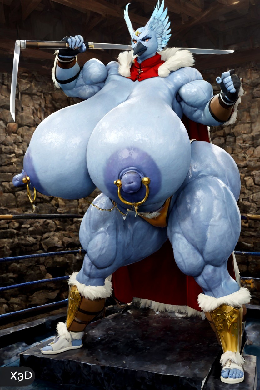 Bodybuilder, Ibis Avian‑folk Female Furry Character, Hyper Gigantic Breasts ,extremely Droopy Breasts Furry AI Porn